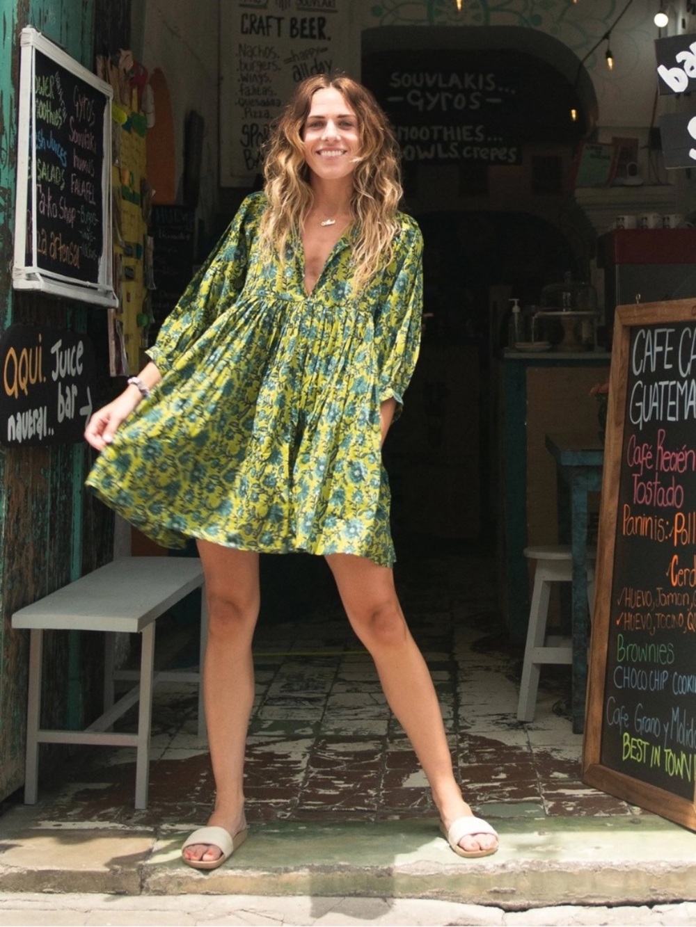 Natural Life Aimee Floral Cotton
Puff Sleeve Tunic Dress, Blue Green, L